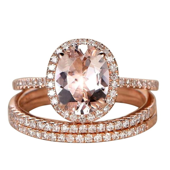 2 carat Real Morganite and Moissanite Trio Ring Set for her Sterling Silver with 18k Gold Plating