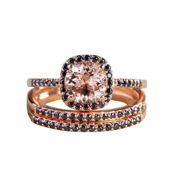 2 carat Round Cut Morganite and Black Diamond Trio Wedding Set Bridal Ring Set in 10k Rose Gold