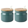 thumbnail image 1 of 2 ceramic jars, sugar bowl porcelain with wooden lid and porcelain spoon, retro sugar bowl small 300ml, suitable for coffee bar, kitchen and breakfast at home, dark green, 1 of 5