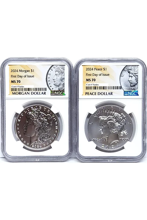 US Mint, 2 Coin Set 2024 Morgan and Peace Silver Dollars, NGC MS 70 First Day of Issue, Morgan and Peace Labels