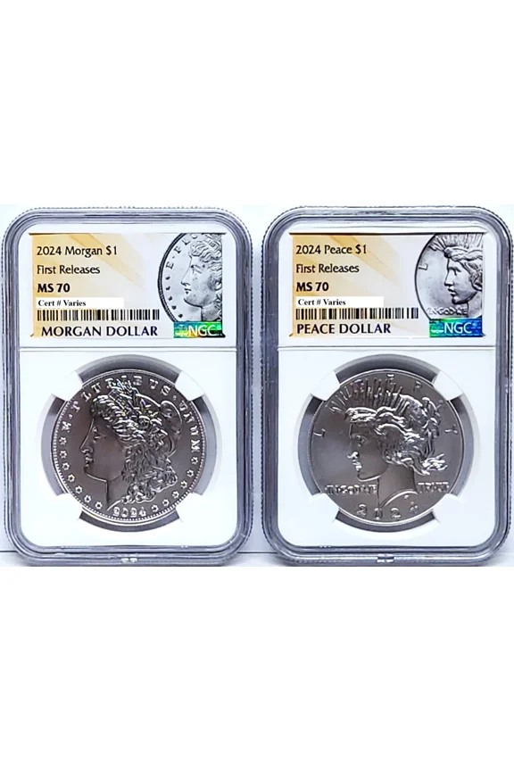 US Mint, 2 Coin Set 2024 Morgan and Peace Silver Dollars, NGC MS 70 First Releases, Morgan and Peace Labels