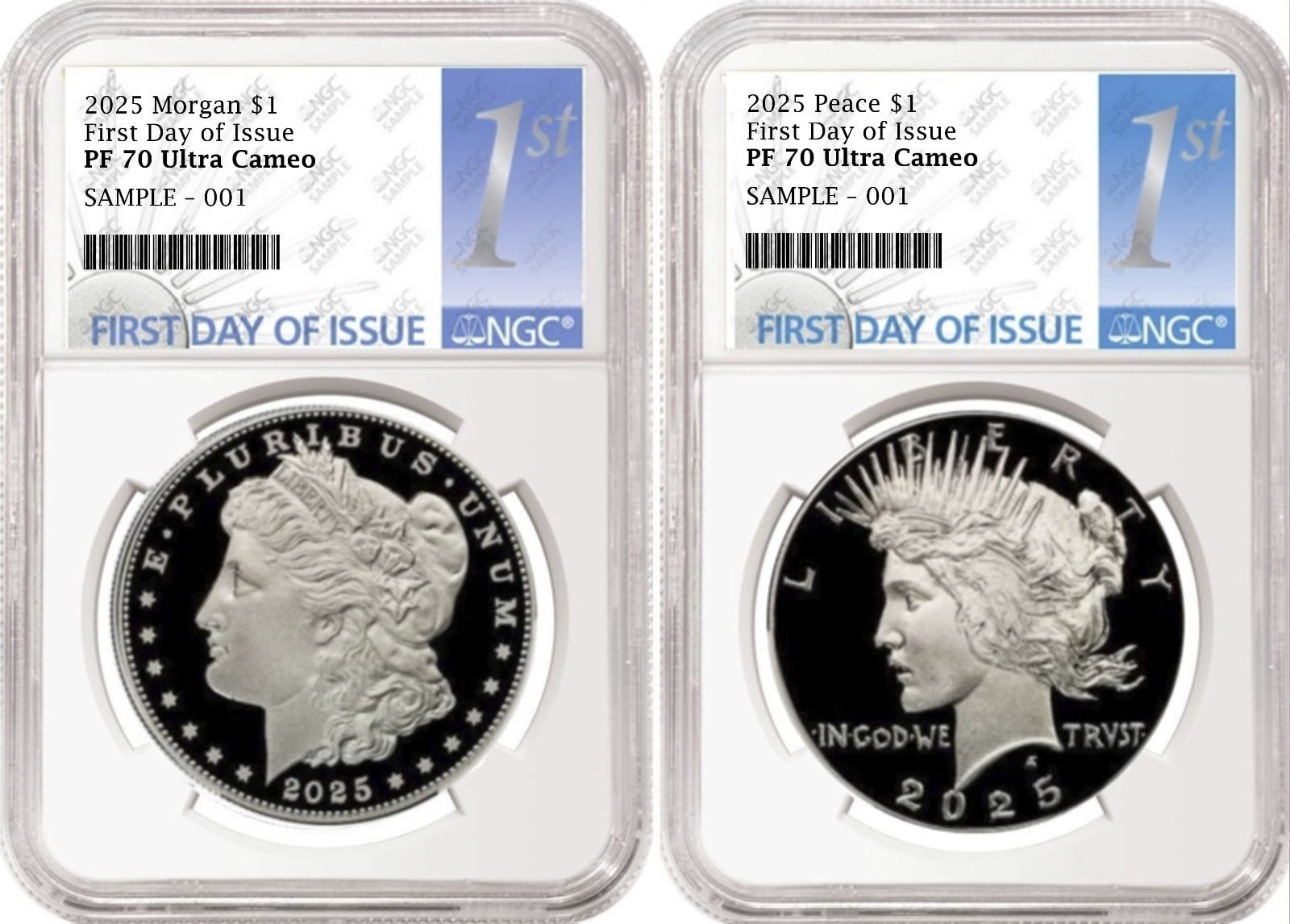 U.S. MINT 2 coin set 2025 proof morgan peace silver dollars ngc pf 70 first day 1st