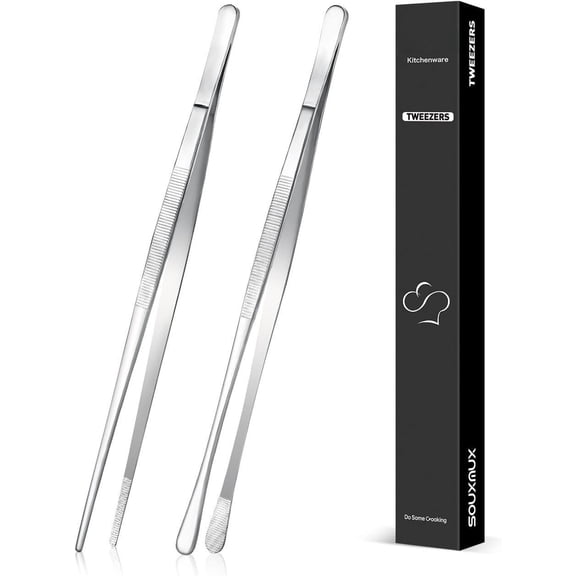 2 count 10-inch Cooking Tweezers Tongs Precision Serrated Tips, Stainless  Professional Chef Tweezer Kitchen Tools for BBQ,  and Serving ()