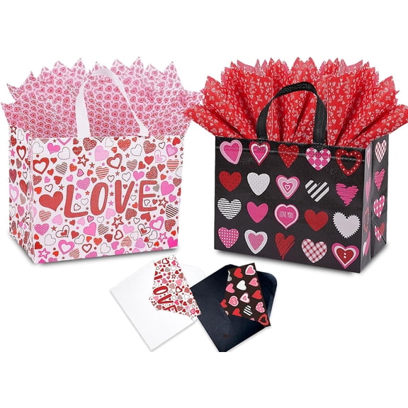 2 count 12.6" Valentines Bags With Tissue Paper and Card, Large Valentine's Day Bags Love Heart Valentines Bags, Valentines Goodie Bags(White, Black)