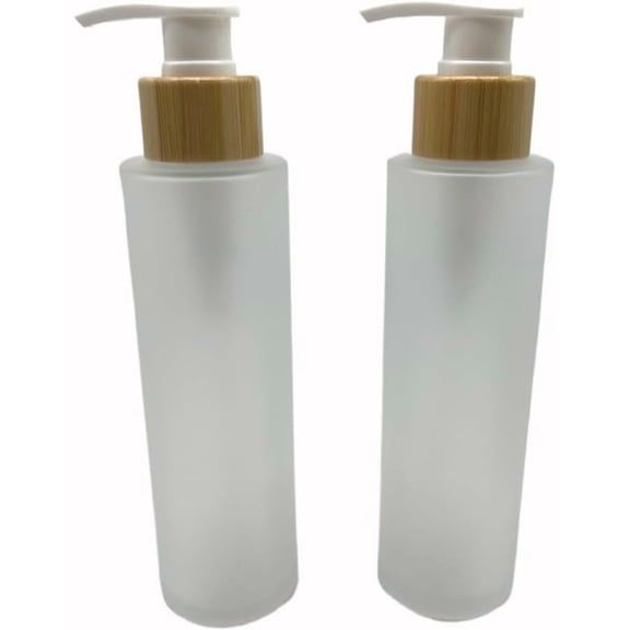 2 count 150ML/5oz Empty Refillable Frosted Glass Pump Bottles Container Holder Vials Pot Storage with Screw Pump for Bath Shower Shampoo Hair-Conditioner Cleanser Makeup Liquids