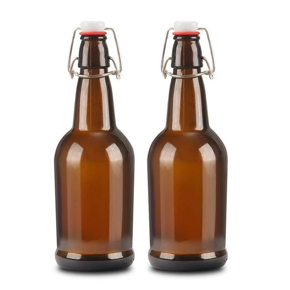 2 count 16oz Amber Glass Beer Bottles with Easy Wire Swing Cap & Airtight Rubber Seal. Perfect for Home Brewing Wine.