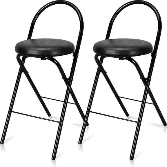 2 count 24 Inch Folding Bar Stool with Backrest, Leather Padded Folding Stools for Adults up to 350lbs, Collapsible Round Counter Height Stool Chair for Camping Kitchen Shop Cafe (Black)