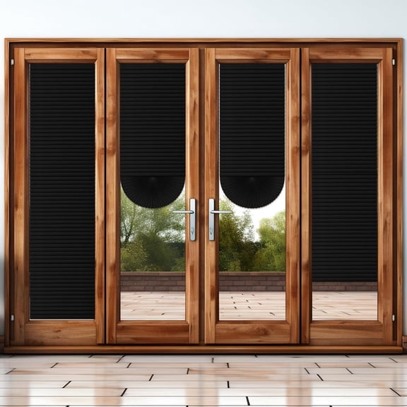 2 count 24 x 110 Inches Black Temporary Blinds Cordless No Drill Cut to Size Non-Woven Fabric Adhesive  Blind for  Door Sliding Door Window Light Filtering Pleated Shade