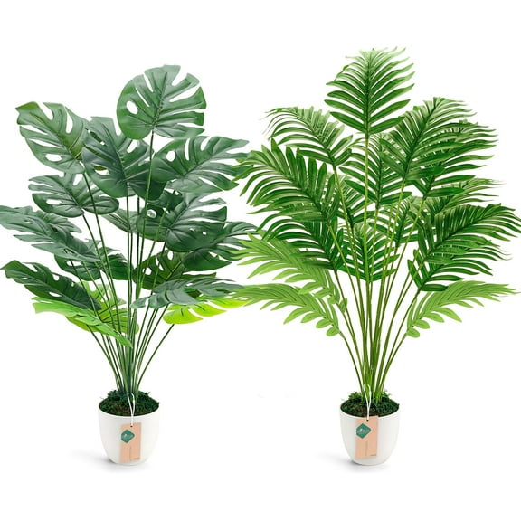 2 count 28'' Large Artificial Palm Tree and Faux Indoor Tall in White Pots for Office Bathroom Patio Floor Outdoor Decor