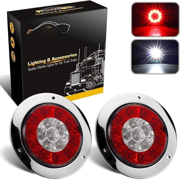 2 count 4" Inch Round LED Trailer Tail Lights White Red Taillights Flange Mount 16 LED DC 12V Sealed  Stop  Tail Running Reverse Backup Lights Lamps for RV Trailer