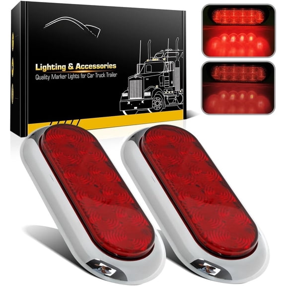 2 count 6" Oval Chrome Trailer Red 10 LED Surface Mount Stop Turn Tail Lights