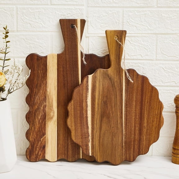 2 count Acacia Scalloped and Chopping Board with Handle Decorative Boards for Kitchen Wooden Charcuterie Boards Serving Tray for Cheese Meat Fruit Bread Baking