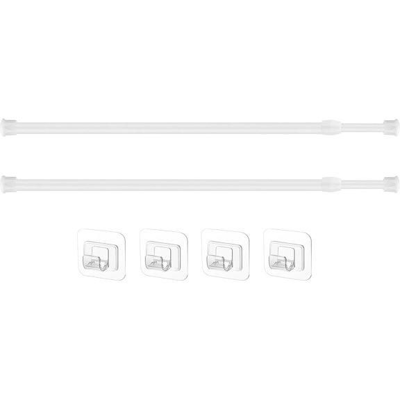 2 count Adjustable Curtain Rod Extendable Spring Tension Rod with Self Adhesive Hook for Closet, Wardrobe, Bookshelf, Small Window, White (15.7 to 27.5 Inch)