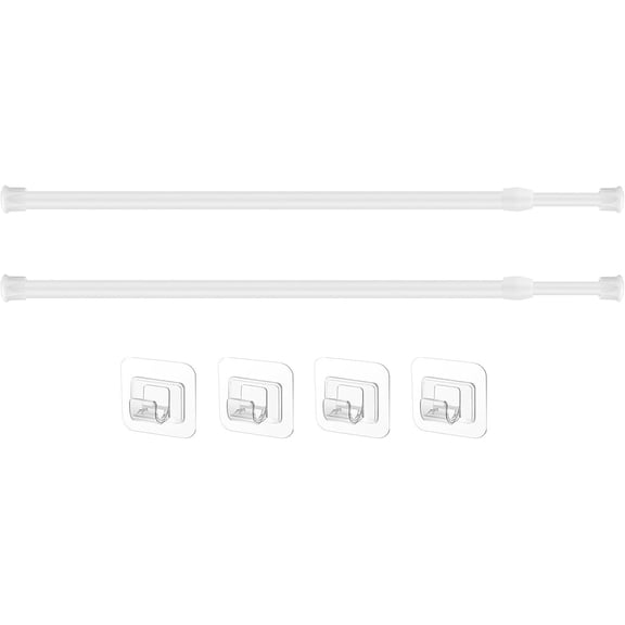 2 count Adjustable Curtain Rod Extendable Spring Tension Rod with Self Adhesive Hook for Closet, Wardrobe, Bookshelf, Small Window, White (15.7 to 27.5 Inch)