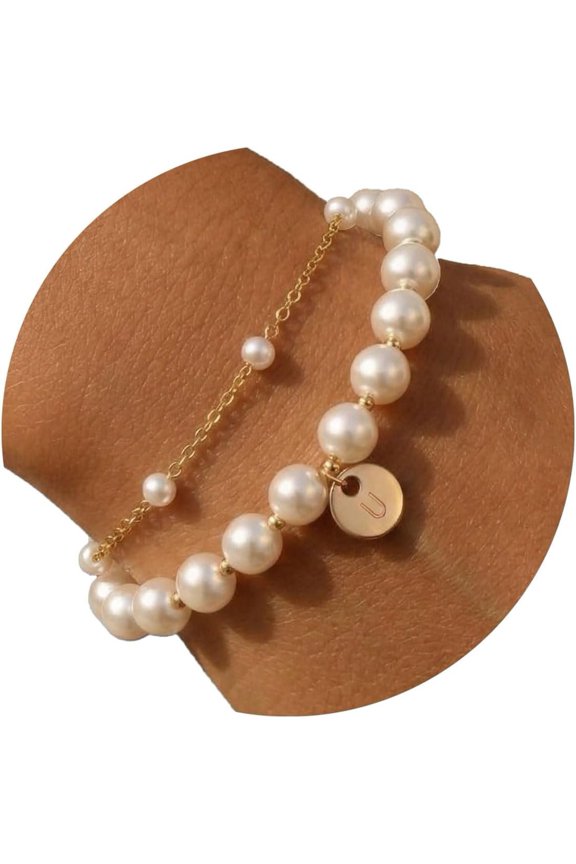 2 count And Initial Bracelet Set,Dainty Bracelets for Women Wedding Prom Trendy Charm Cuff Stack Bead Linkbracelet Personalized Stuff Letter