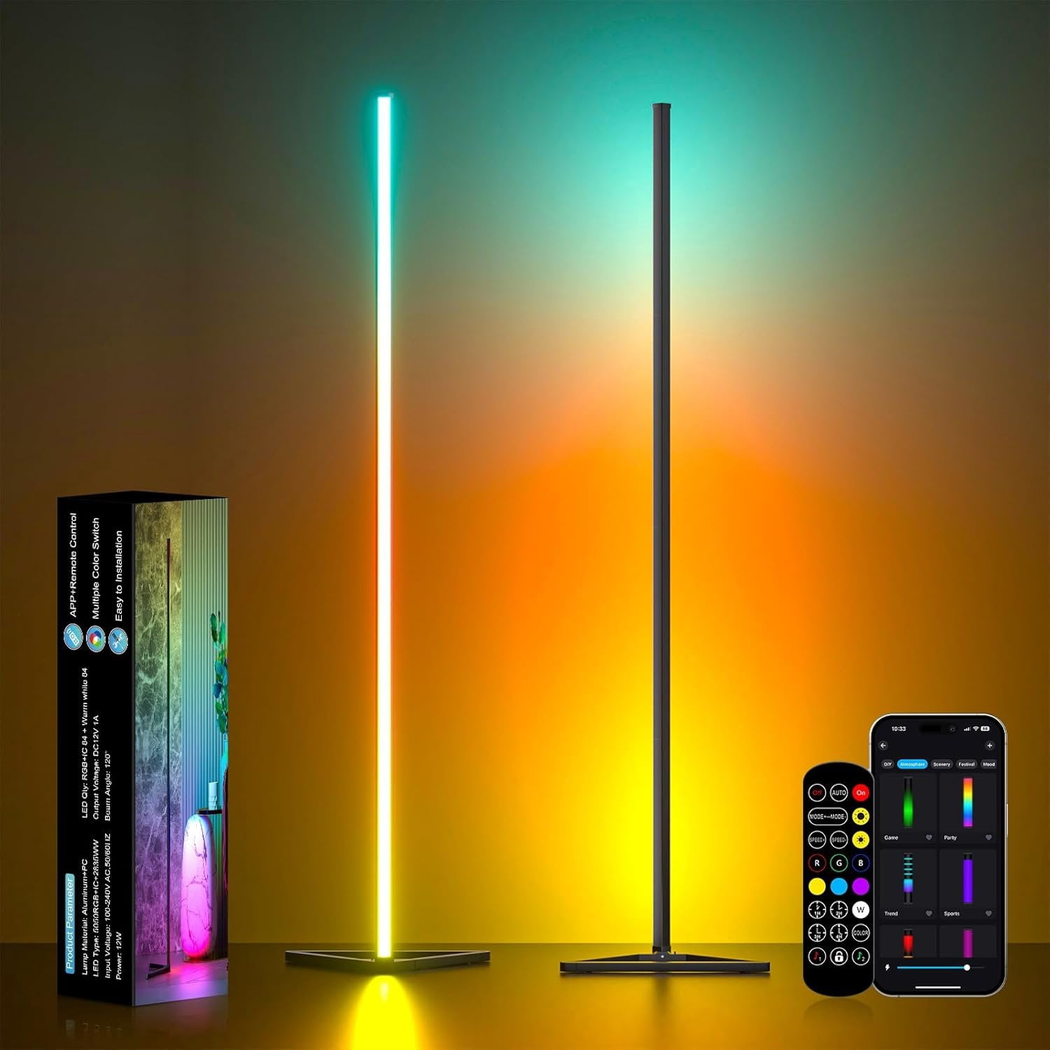 2 count Black Corner Floor Lamp, Synced Lights LED Control Floor Lamp ...