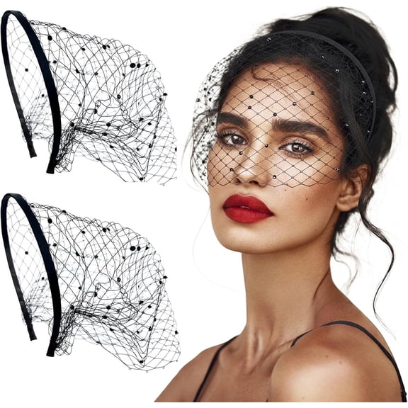 2 count Black Veils, Mesh Birdcage Veil Headband Funeral Veil Fascinator Hats with Rhinestone for Women