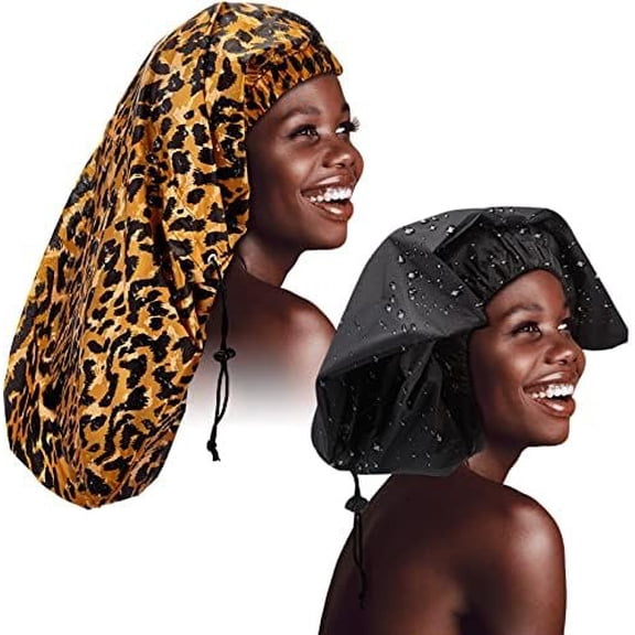 2 count  Braid Shower Cap  Shower Caps for Braid  Adjustable  Bath Cap with Drying Loop, Hair Bonnets for Women Long Hair Dreadlock Curls Extensions(Leopard)