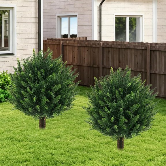 2 count   Bushes Artificial Shrubs for Outdoors | Cedar Topiary Ball Trees / Faux Greenery / No Fade / Sturdy Build / No Maintenance / with Spike / Front Porch Decor