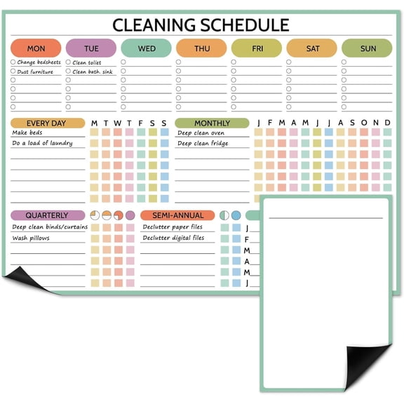 2 count Cleaning Planner Cleaning Schedule and Checklist Daily Weekly Monthly Quarterly Semi-Annual Annually Chore Chart for Adults Dry Erase White Board for Fridge