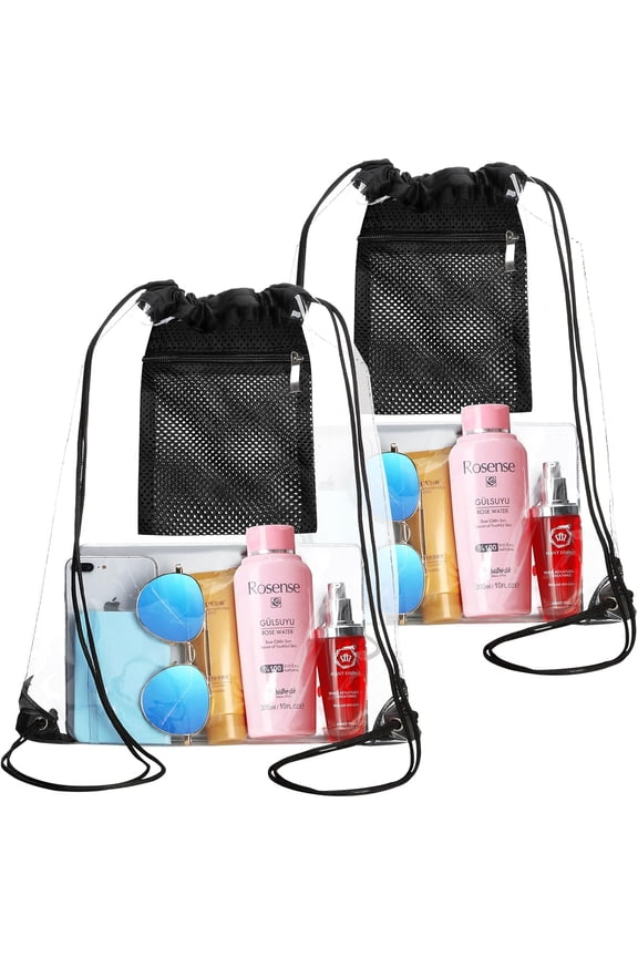 2 count Clear Drawstring Bag for Stadium Concert Work Approved, Clear String Backpack (Black)