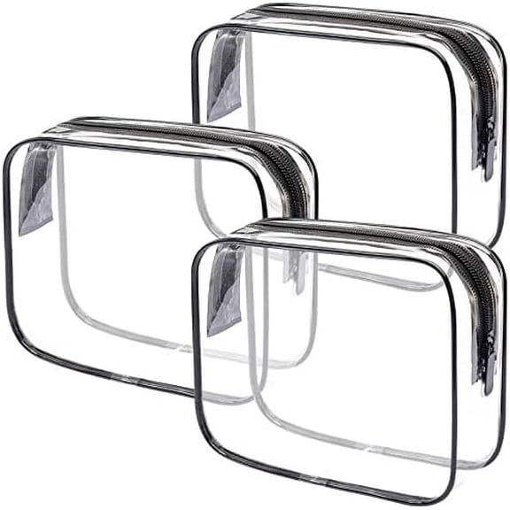 2 count Clear Toiletry Bag TSA Approved Travel Bag,Carry for Travel,Airport Airline Accessories Compliant Bag,Quart Sized Makeup bag Women Men (Transparent Black, 3 Pack)