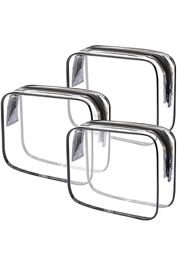 2 count Clear Toiletry Bag TSA Approved Travel Bag,Carry for Travel,Airport Airline Accessories Compliant Bag,Quart Sized Makeup bag Women Men (Transparent Black, 3 Pack)