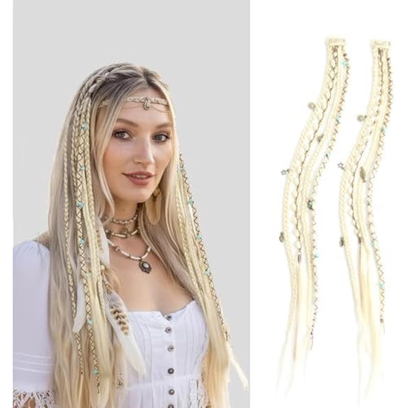 2 count Clip in Braid Hair Extensions for Women, 16" Synthetic Boho Clip in Braid Hairpieces with Beads & Charms, for costume, Easy & off, blonde
