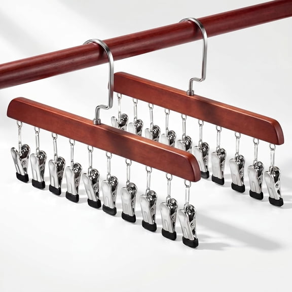 2 count Closet Organizer with 10 Clips Wooden Hat Rack for Closet, Space-Saving Organizer, Multipurpose Storage Display Accessory for Beanies, Ties, and Socks (Brown)