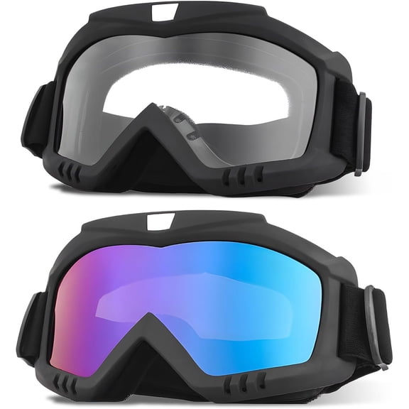2 count Dirt Goggles, Windproof Wide Vision Ski Glasses, UV Protection Racing Goggles for ATV UTV (Transparent+Colorful)