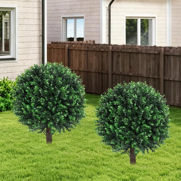 2 count Faux Boxwood  Outdoor Artificial Topiary Ball Trees |  Eucalyptus Bush & Shrub /  / No Fade / Sturdy Build / No Maintenance / with Spike / Front Porch Decor