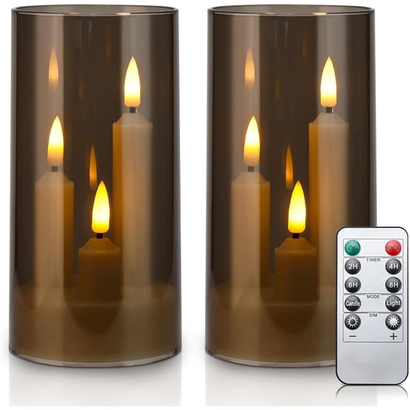 2 count Flameless Taper Candles with Remote & Timer, Operated Pillar Set, 3" x 6" Flickering Lights for Cozy & Holiday Romantic Decor (Gray)