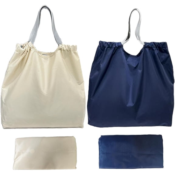 2 count Foldable Shopping Bags - 210D Nylon Grocery Tote Bag with Drawstring Mouth & Reinforced Handle