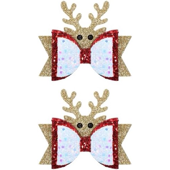 2 count Glittery Christmas Hair Clip 3.5" Sparkly Reindeer  Bow-Knot  Clip for  Teens  Girl Women Holiday Party Dress Outfits Decor Accessory Xmas