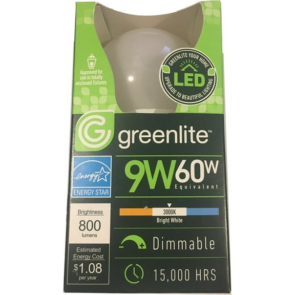 2 count Greenlite 120 Volt 9 Watt - 60 watt Equivalent Dimmable A19 Medium Base Light Bulb