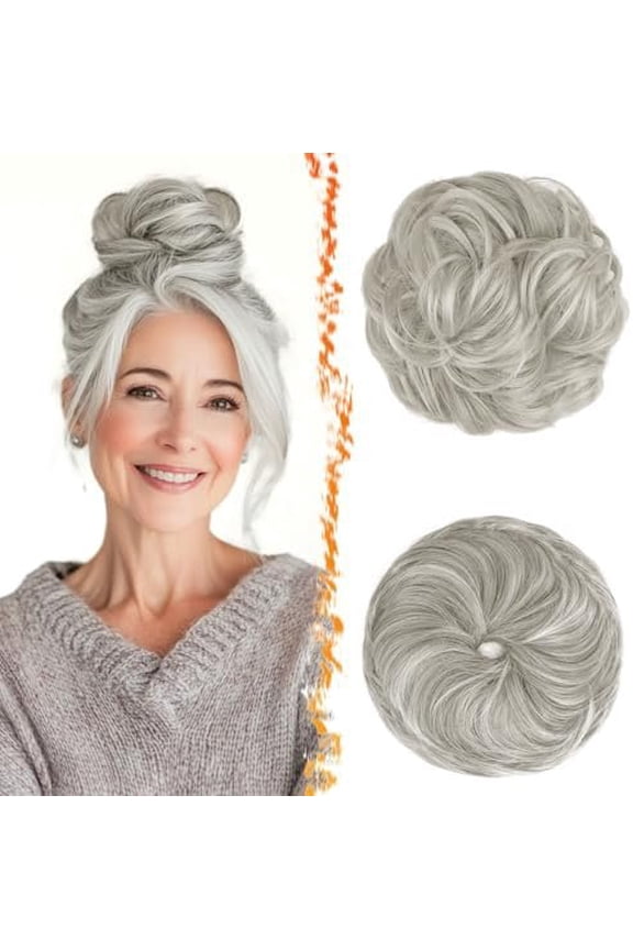 2 count Grey Bun Hair Pieces - Elastic Gray Bun Scrunchies for Women - Soft Synthetic Thick Fluffy Salt and Pepper Donut Updo Light Grey Chignons Hairpieces Hair Extensions Daily