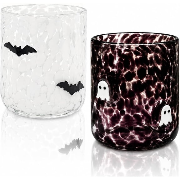 2 count Halloween Icon Glass Cups - 16oz  & Bat Icon Juice Glass Old Fashioned Hand Blown Cute Drinking Cups, Drinkware  Set for Party Decoration & Lovely