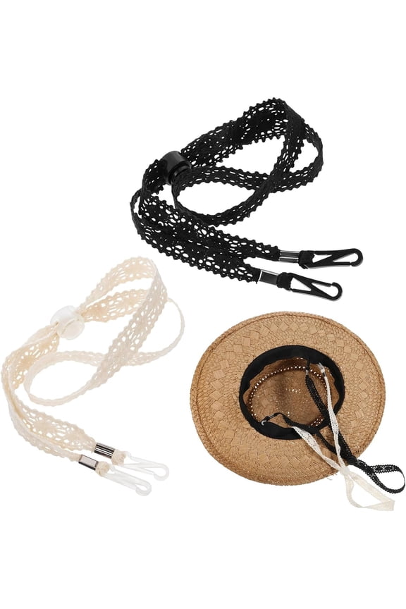 2 count Hat Straps for Wind, Adjustable Beige Black Chin Cord, Lace Hat Chin Strap with Clips, Windproof Keeper String for Hats