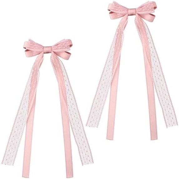 2 count Lace Hair Bows Cute Bow Clips Long Tail Ribbon Bowknot Barrettes for Women Christmas Valentines Wedding Prom Decorative Accessories
