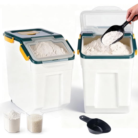 2 count Large Flour Storage Container Bin 25Lb Airtight Rice Storage Containers with Wheels Seal Locking Lid, with Measuring Cup&Scoop for Flour, Rice, Grain 50LB (Blue)