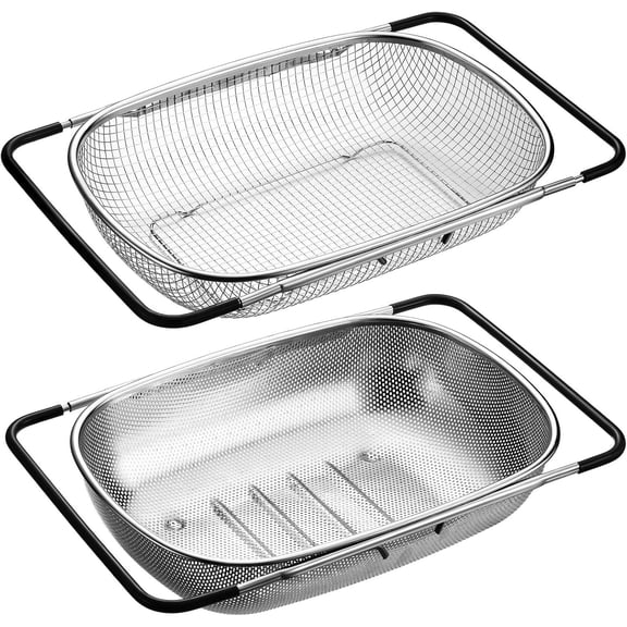 2 count Large Over The Sink Colander, 6 Quart Stainless Steel Colander with Fine Mesh or Grid, Strainer Basket with Expandable Rubber Handles, , Drain, Rinse Vegetable Fruit for Kitchen