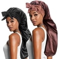 thumbnail image 1 of 2 count Long Satin Bonnets with Tie Band, Large Braid Bonnet Silky Hair Cap for  Women Sleeping, E, 1 of 7