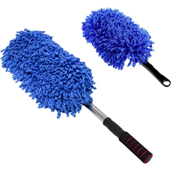 2 count Microfiber Dusters, Scratch Free Auto Exterior Dust Brust Set with Extendable Duster, Multipurpose Soft Brushes Dusting Supplies for SUVs (Blue)