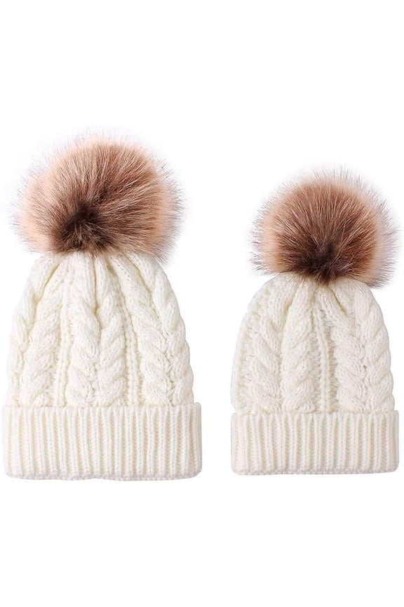 2 count Parent- Hat, Mother & Daughter/Son Winter Warm Knit Hat Family Crochet Beanie Cap with Pom Pom
