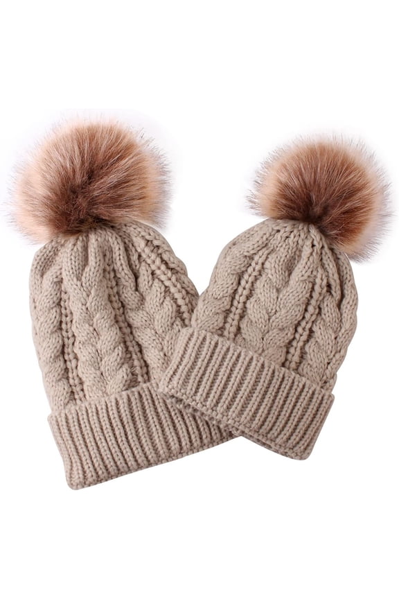 2 count Parent- Knit Hat Family Matching Winter Warmer Hat Mother & Crochet Beanie Ski Cap with Pom
