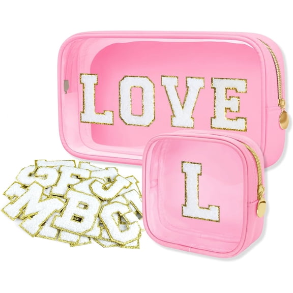 2 count Personalized Makeup Preppy Bag Set, 2 count Toiletry Bag & 26 Chenille Letters, Clear Makeup Pouch, Birthday Gifts for Girls ()