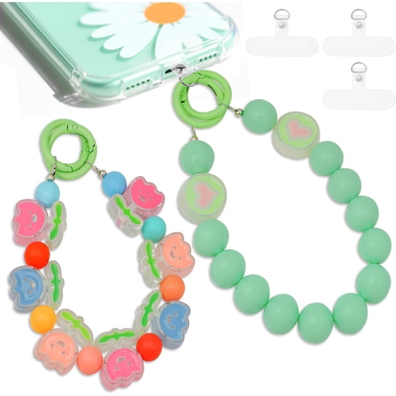 2 count Phone Charm Wrist Strap with Tether Tab, Double Anti Lost Cute Beaded Wrist Lanyard, Detachable Transparent Phone for Bag, Key Chains, Camera Decor