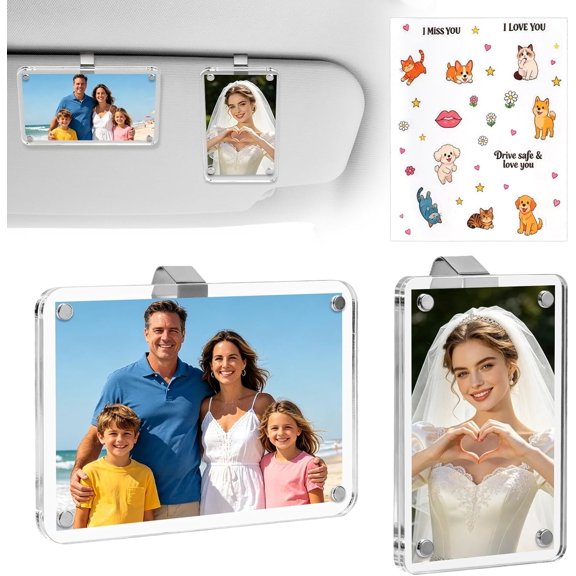 2 count  Picture Holder with Stickers,   Visor Photo Clip,Personalized  Picture Frame for 3&4inch, with Safe Driving and Love Messages Stickers, for Mom Husband&Family