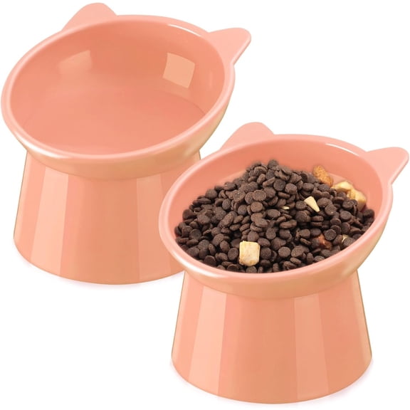 2 count Plastic Raised Bowl Tilted 15 Degrees Elevated and Water Bowls Set Anti Vomit Kitten Dishes Pet for Cats and Small Dogs ( Ears,Peach)