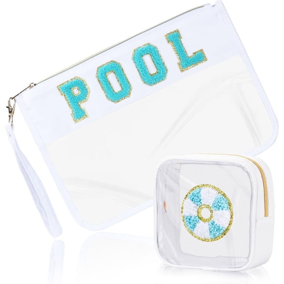 2 count Pool Bag  Makeup Bag with Chenille Letter Patch, Clear Pouch PVC Organizer Purse,  Travel Beach Bag, Portable Toiletry Storage Bag